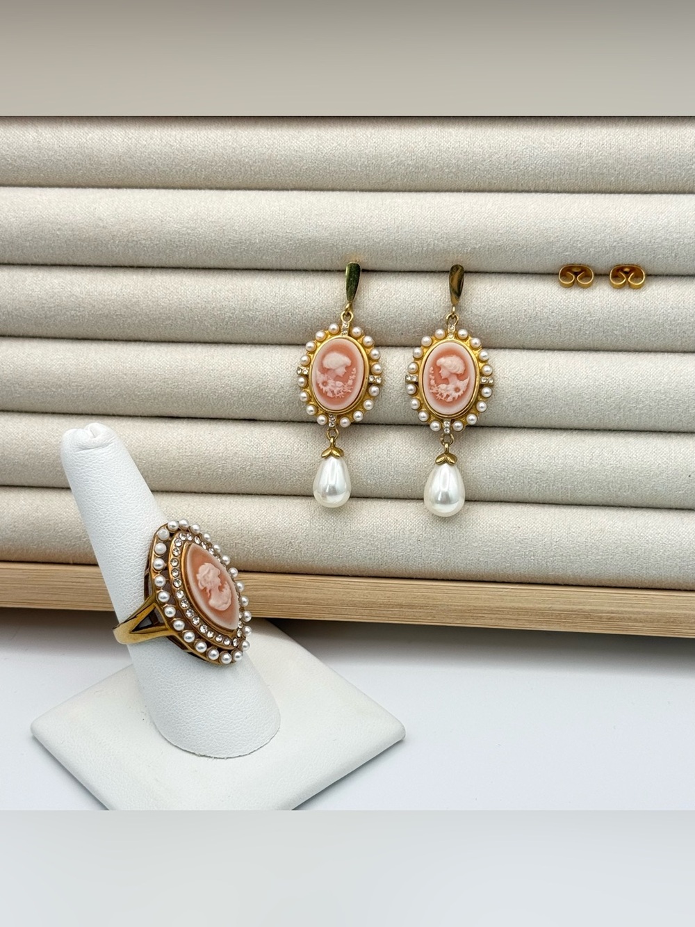 Vintage-Inspired Pink Cameo Pearl Drop Earrings and Ring Set